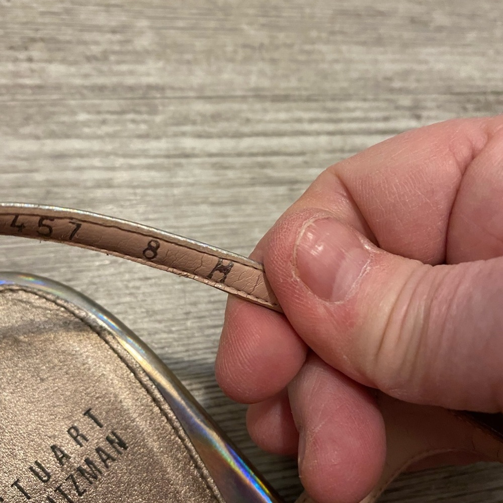 Stuart Weitzman pewter size 8M sandals W toe hold and back strap. Has tassels - Picture 13 of 13